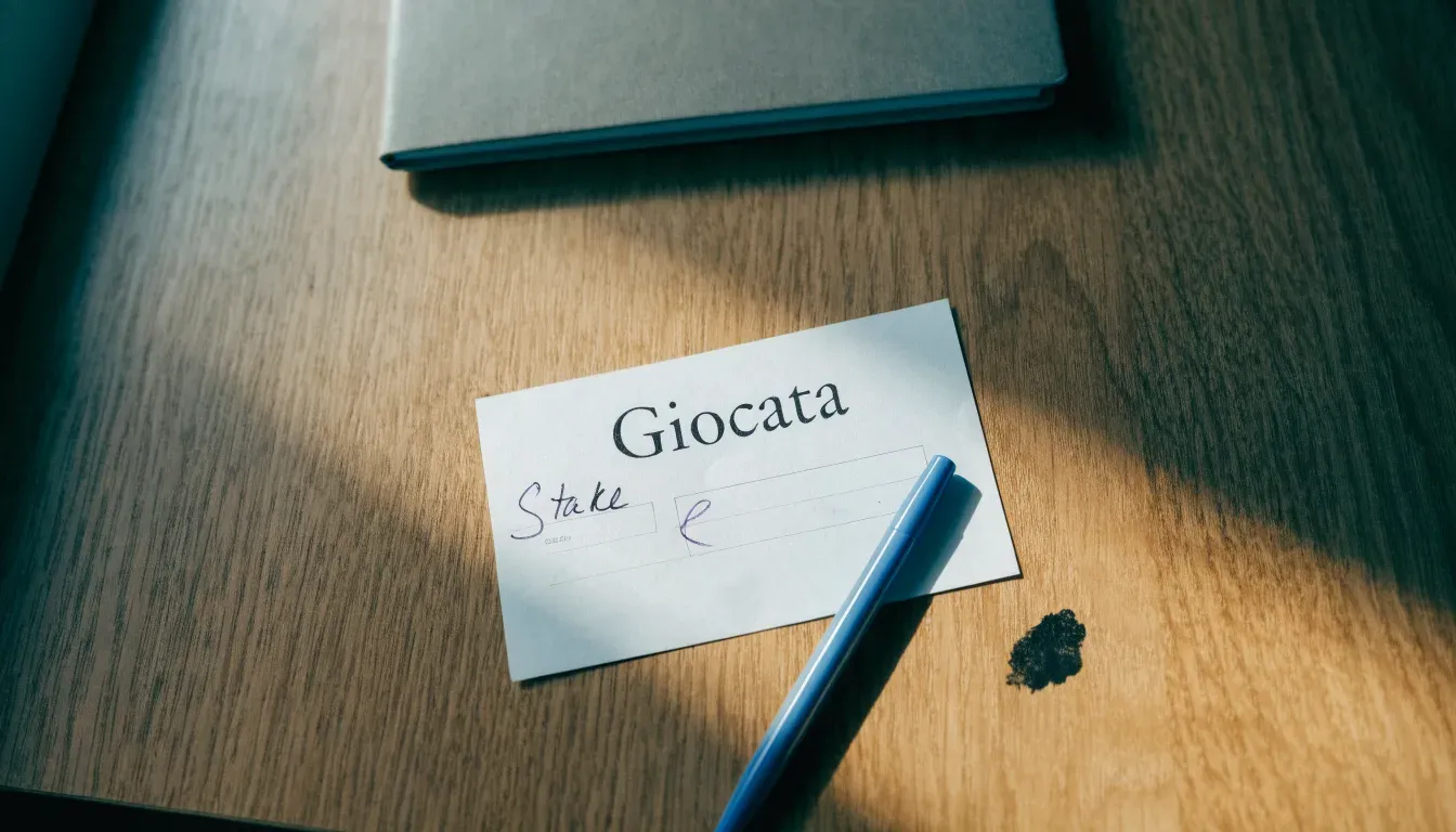 Un foglio di concessione in carta con un timbro rosso, appoggiato su una scrivania di legno accanto a una penna