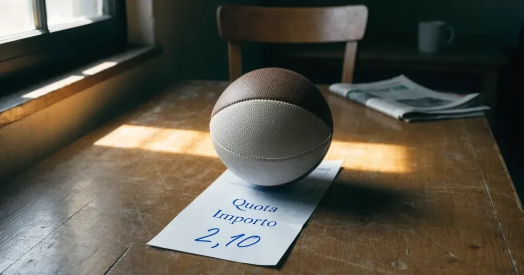 Un pallone da calcio appoggiato su una schedina bianca su un tavolo di legno, alla luce del giorno