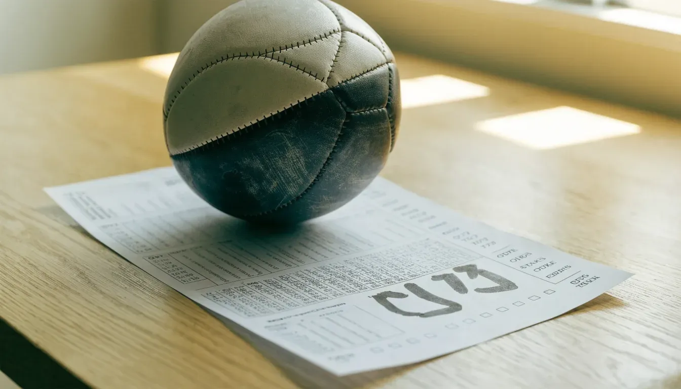 Un pallone da calcio appoggiato su una schedina bianca su un tavolo di legno, alla luce del giorno