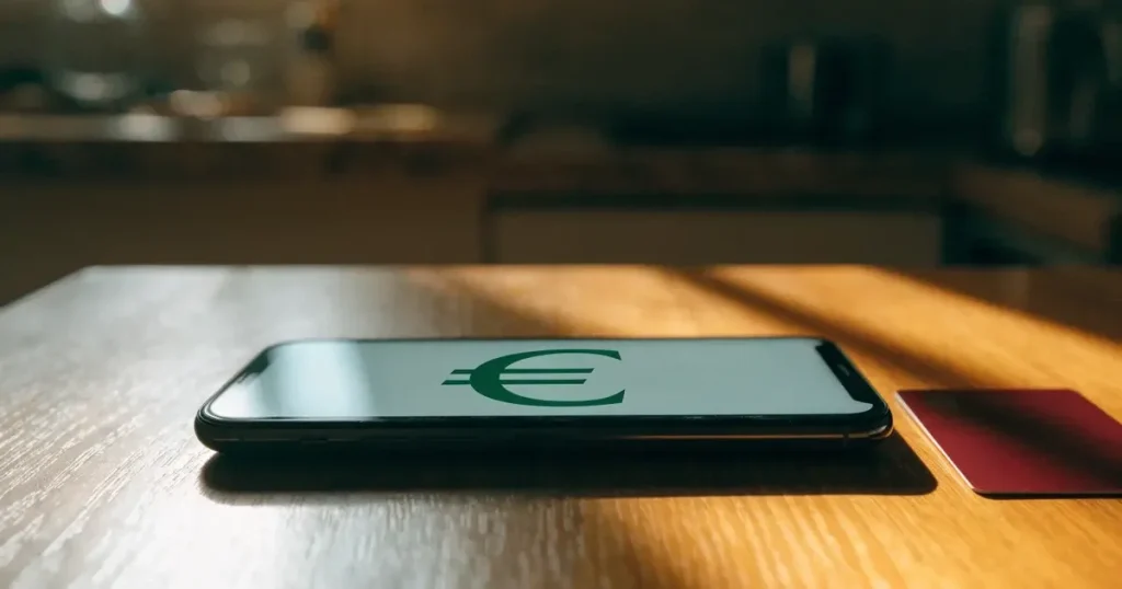 Uno smartphone e una carta di pagamento affiancati su un tavolo di legno, con alcune banconote da euro accanto