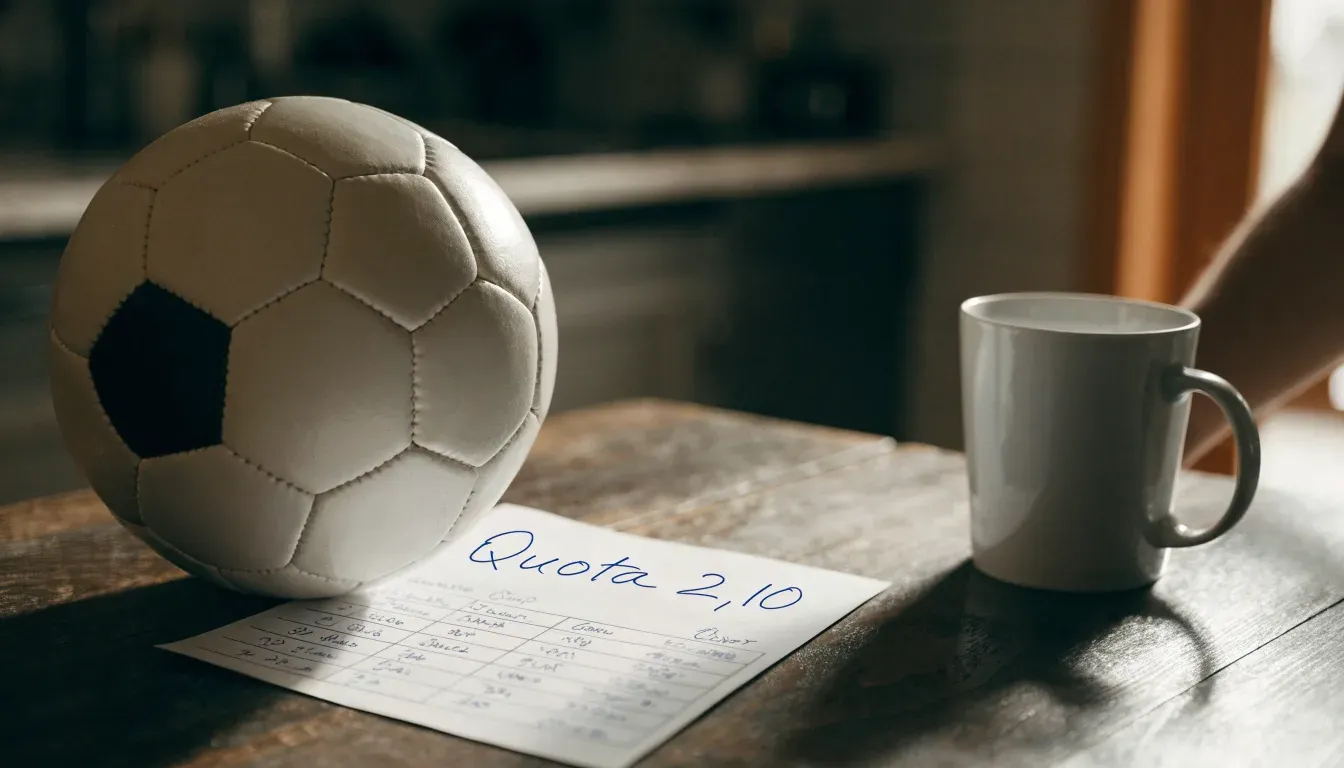 Un pallone da calcio appoggiato su una schedina bianca su un tavolo di legno, alla luce del giorno