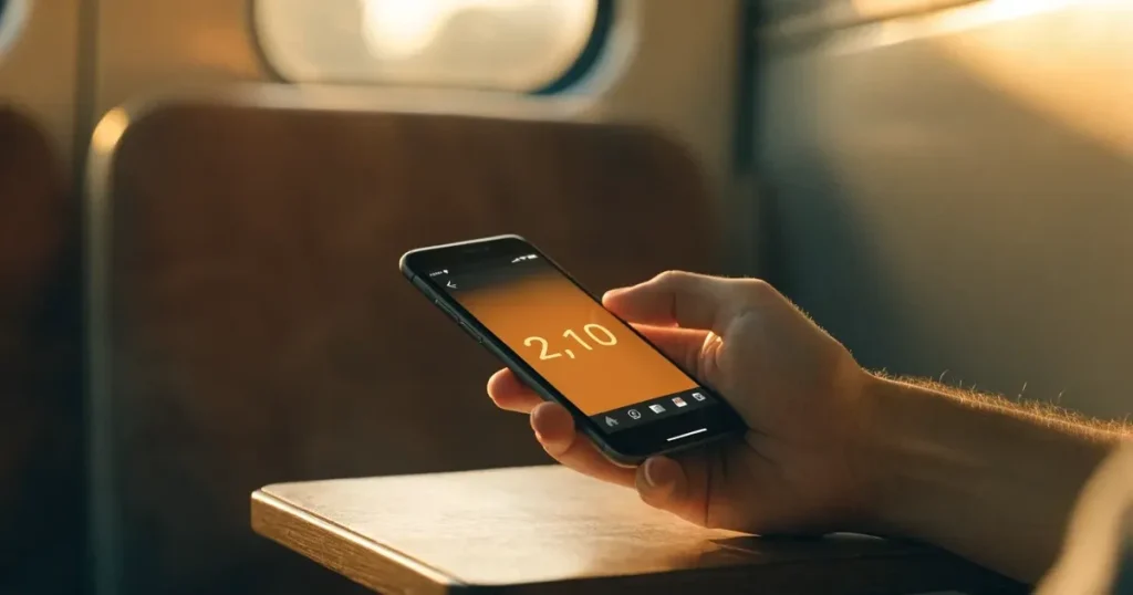 Una mano che tiene uno smartphone con una scommessa sullo schermo, su un treno nel tardo pomeriggio