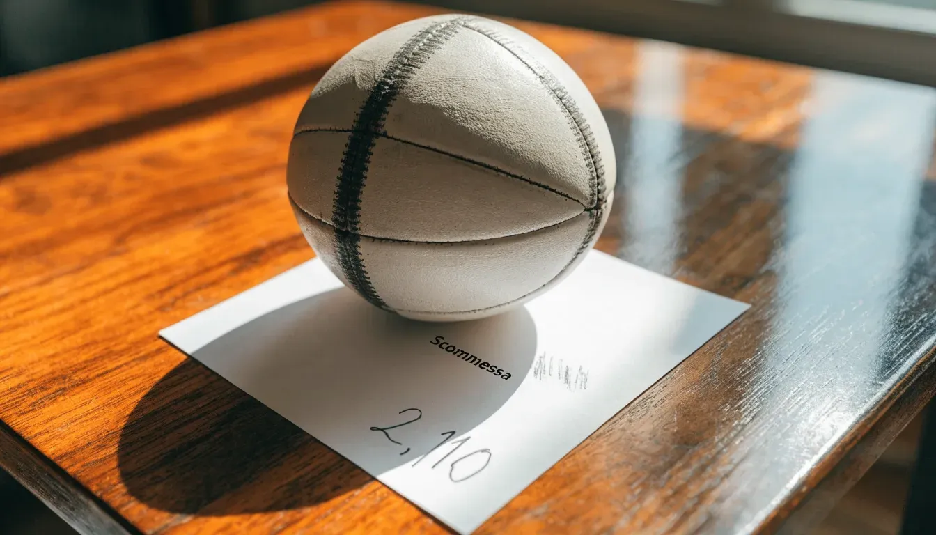 Un pallone da calcio appoggiato su una schedina bianca su un tavolo di legno, alla luce del giorno