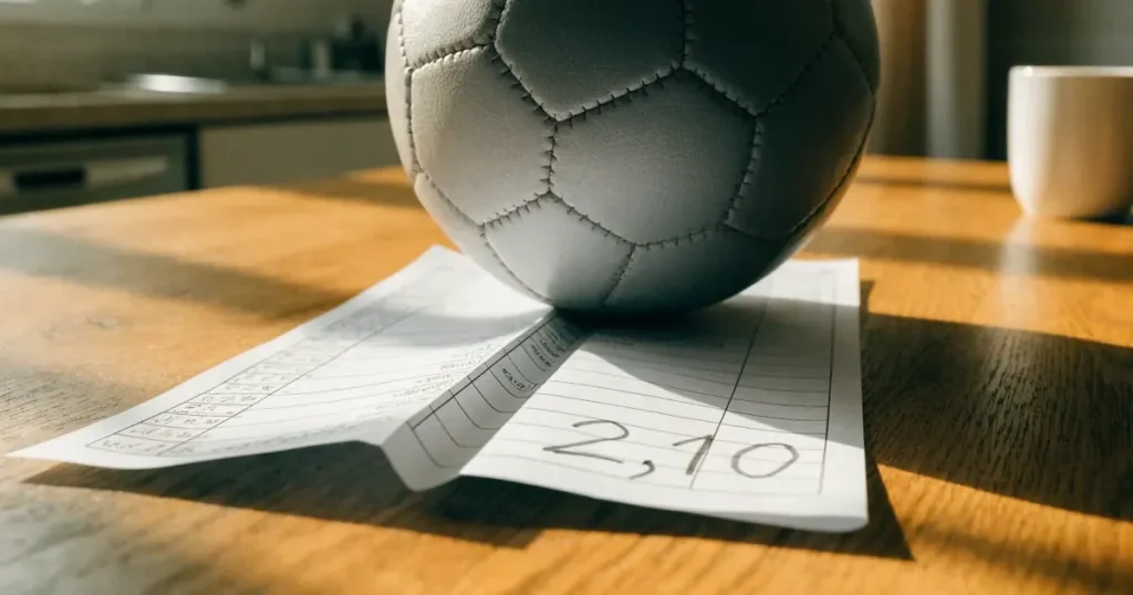 Un pallone da calcio appoggiato su una schedina bianca su un tavolo di legno, alla luce del giorno