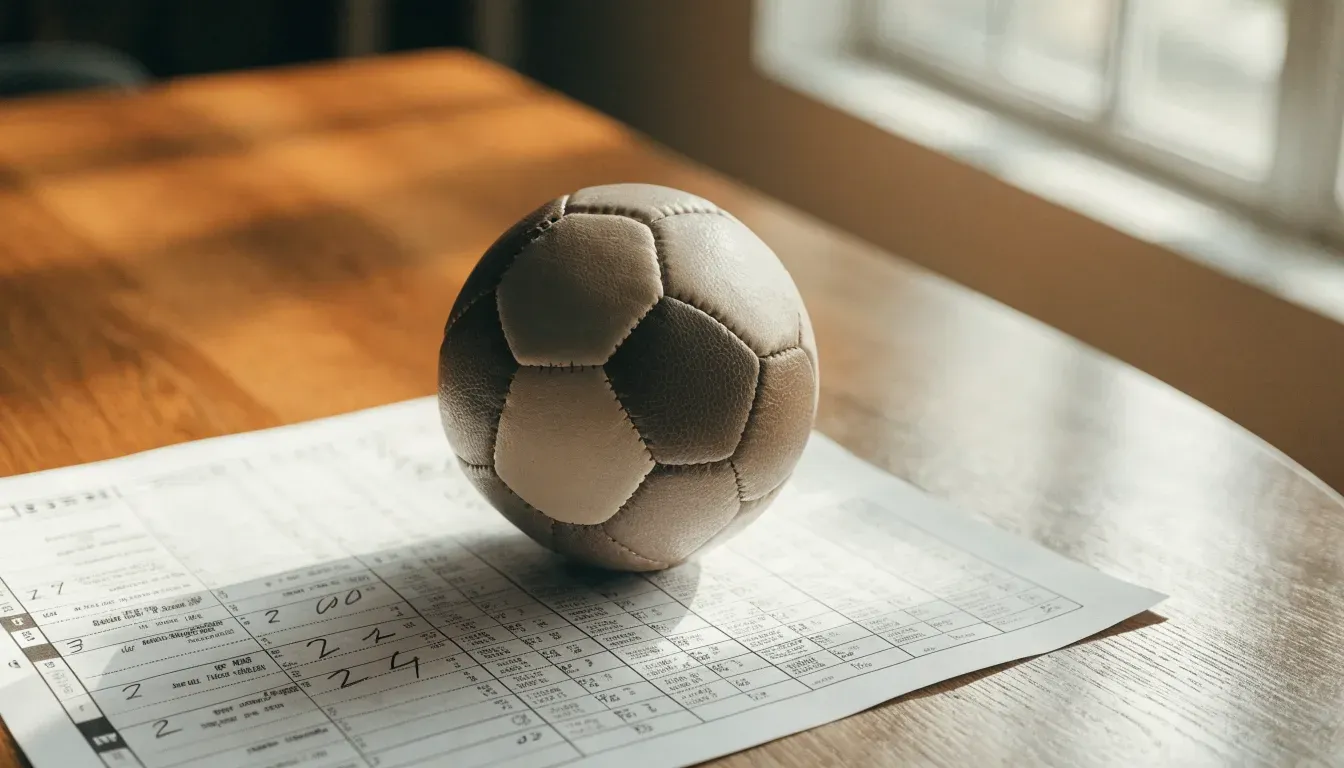 Un pallone da calcio appoggiato su una schedina bianca su un tavolo di legno, alla luce del giorno