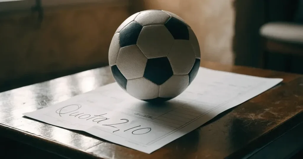 Un pallone da calcio appoggiato su una schedina bianca su un tavolo di legno, alla luce del giorno