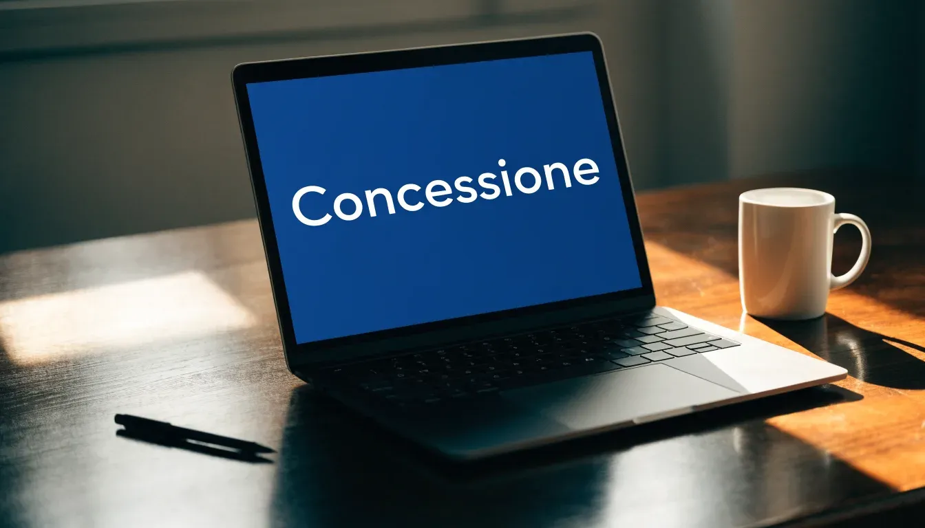 Un foglio di concessione in carta con un timbro rosso, appoggiato su una scrivania di legno accanto a una penna