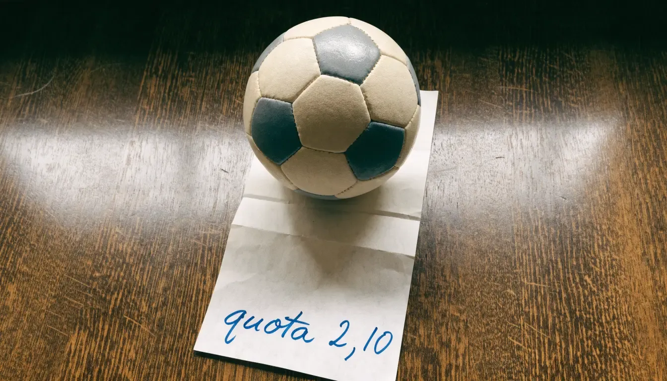 Un pallone da calcio appoggiato su una schedina bianca su un tavolo di legno, alla luce del giorno