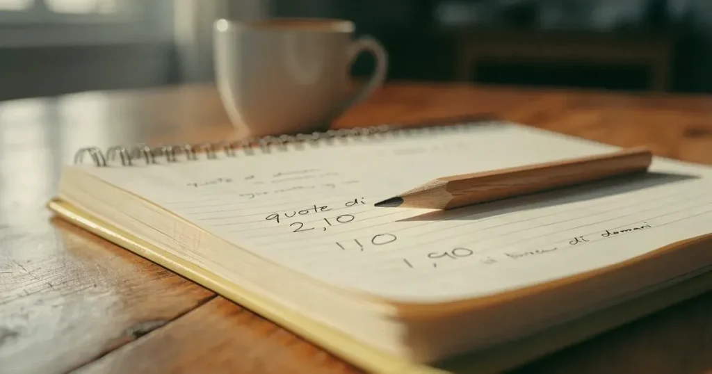 Un quaderno aperto con quote scritte a mano, una calcolatrice e una matita su un tavolo di legno