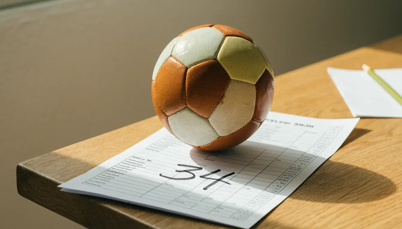 Un pallone da calcio appoggiato su una schedina bianca su un tavolo di legno, alla luce del giorno