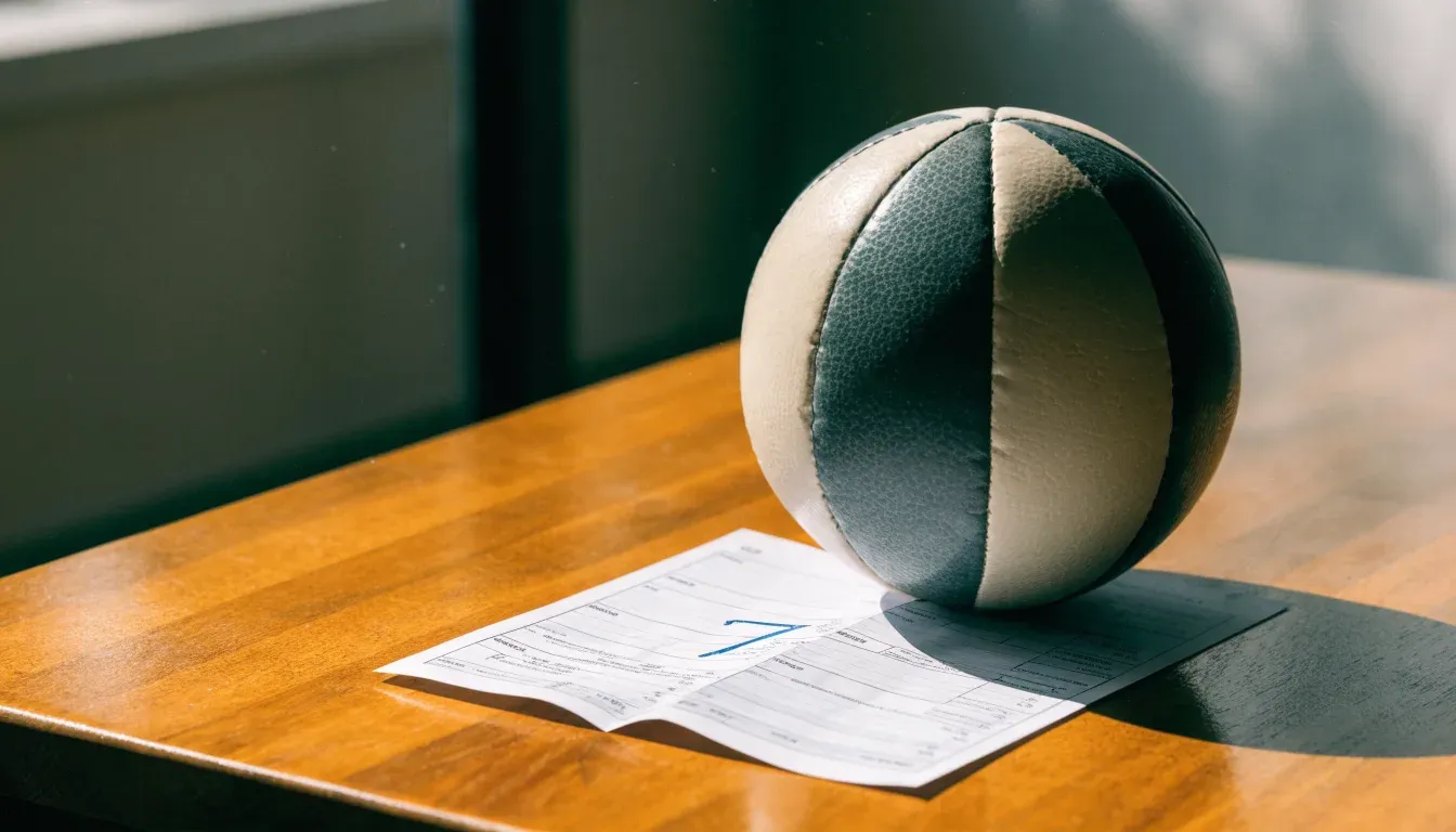 Un pallone da calcio appoggiato su una schedina bianca su un tavolo di legno, alla luce del giorno