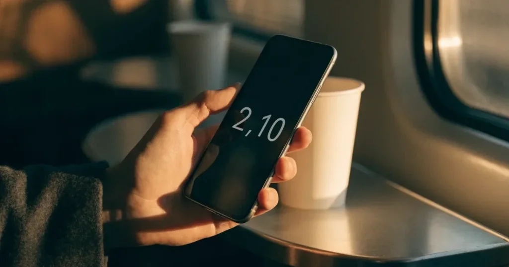 Una mano che tiene uno smartphone con una scommessa sullo schermo, su un treno nel tardo pomeriggio