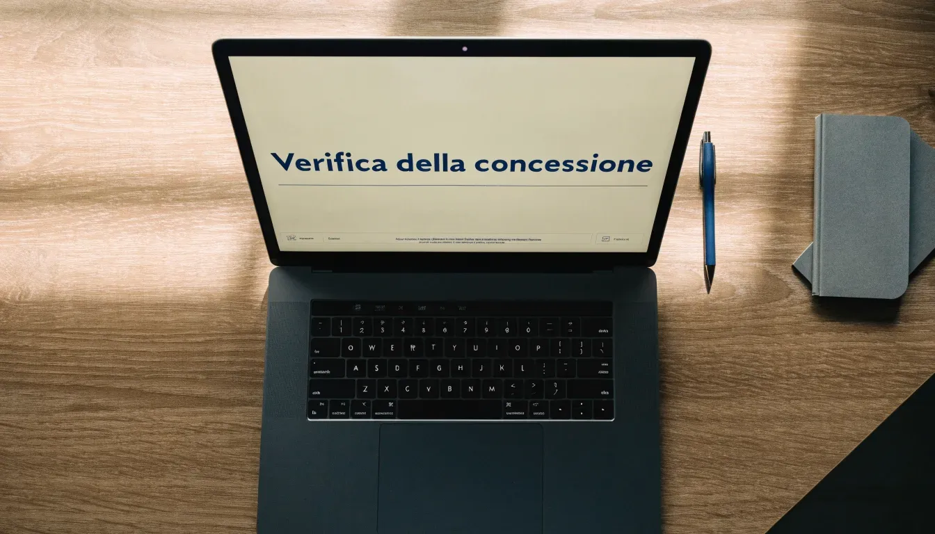 Un foglio di concessione in carta con un timbro rosso, appoggiato su una scrivania di legno accanto a una penna