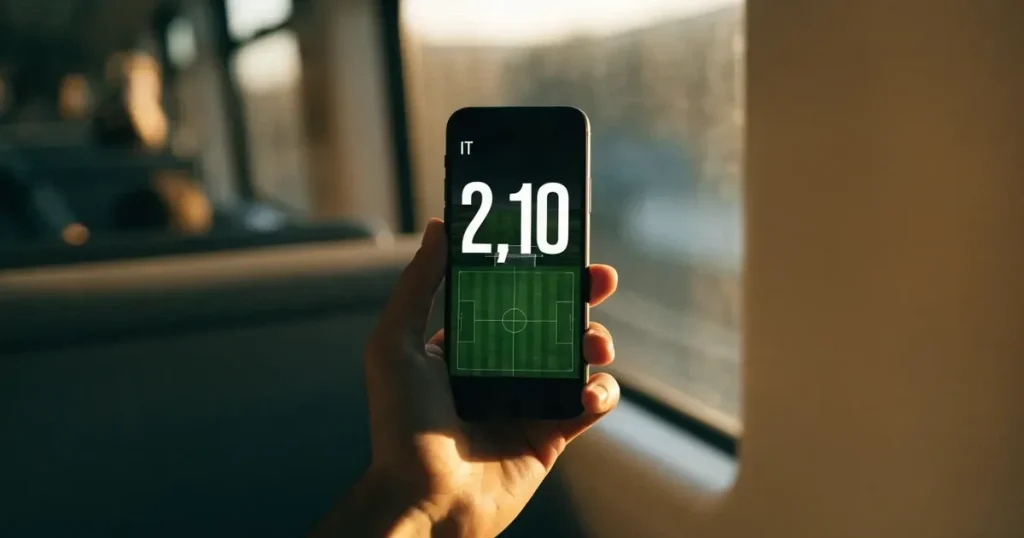 Una mano che tiene uno smartphone con una scommessa sullo schermo, su un treno nel tardo pomeriggio