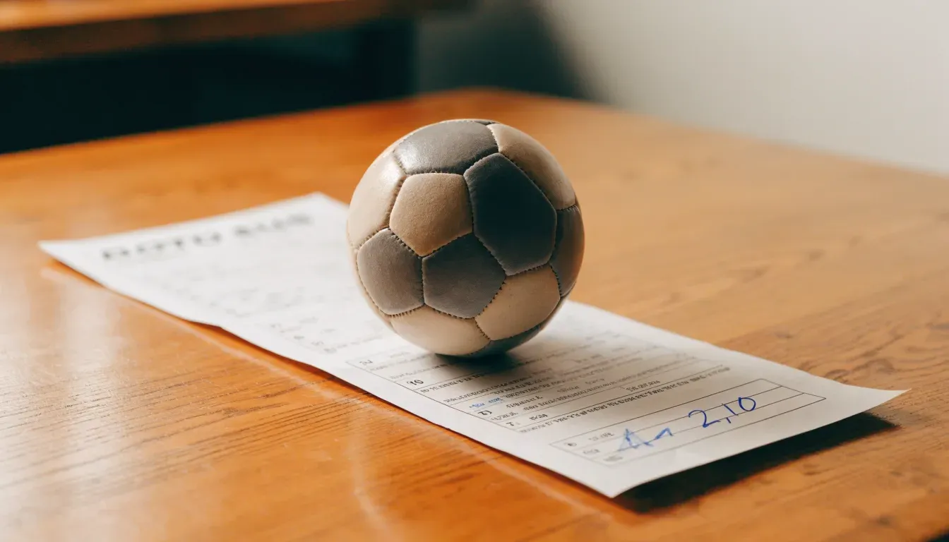 Un pallone da calcio appoggiato su una schedina bianca su un tavolo di legno, alla luce del giorno