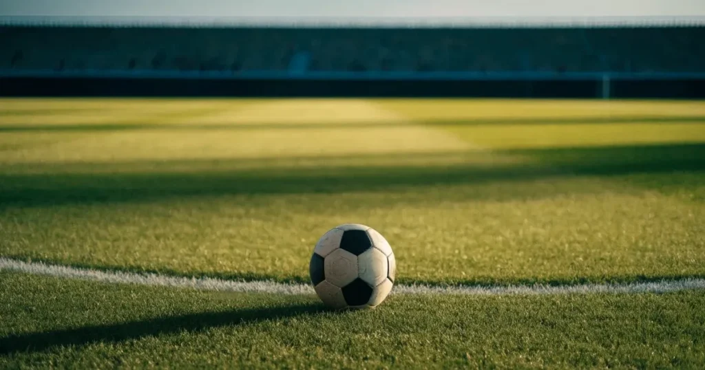 Un pallone da calcio sul dischetto del centrocampo di un prato, alla luce del mattino