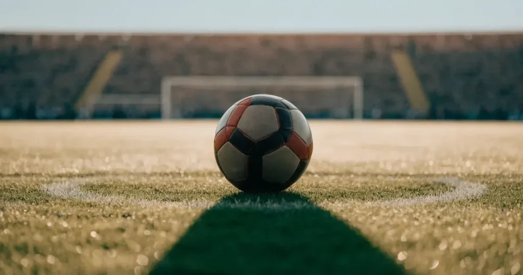Un pallone da calcio sul dischetto del centrocampo di un prato, alla luce del mattino