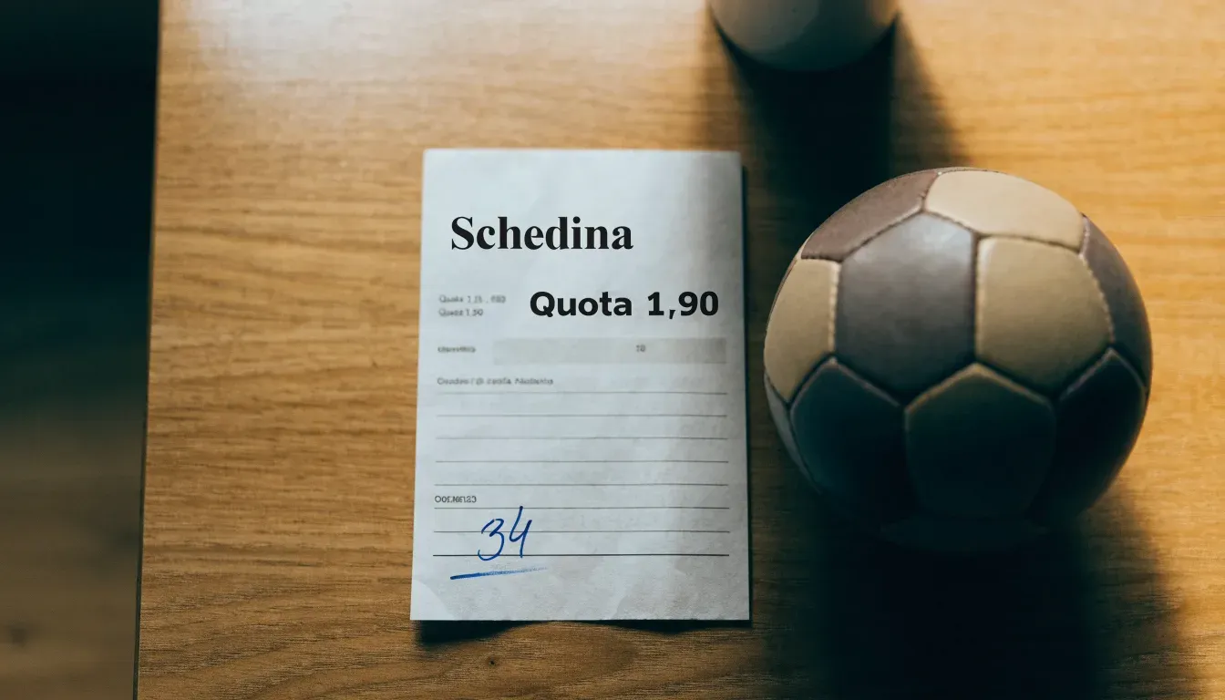 Un pallone da calcio appoggiato su una schedina bianca su un tavolo di legno, alla luce del giorno