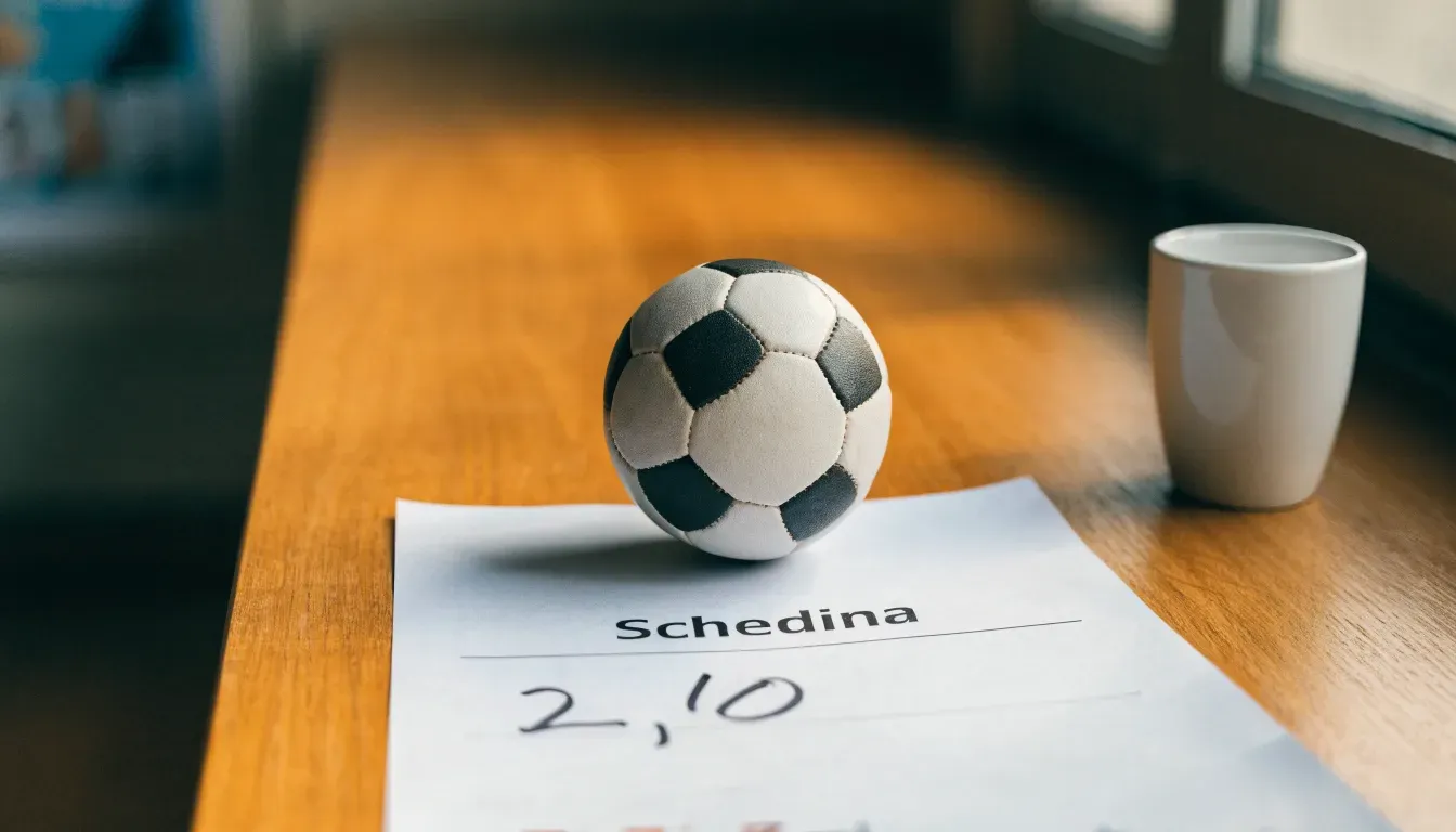 Un pallone da calcio appoggiato su una schedina bianca su un tavolo di legno, alla luce del giorno