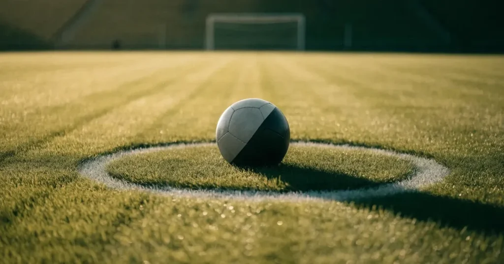 Un pallone da calcio sul dischetto del centrocampo di un prato, alla luce del mattino