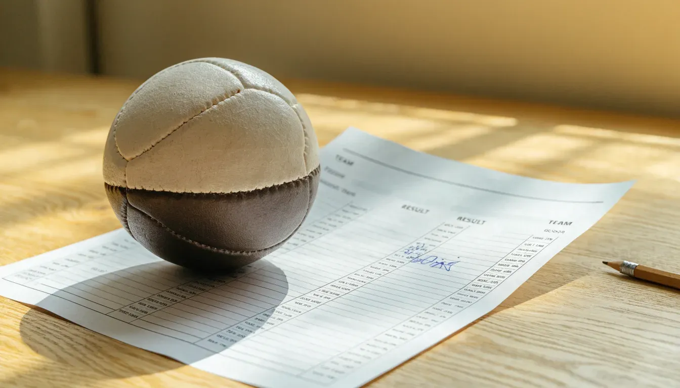 Un pallone da calcio appoggiato su una schedina bianca su un tavolo di legno, alla luce del giorno