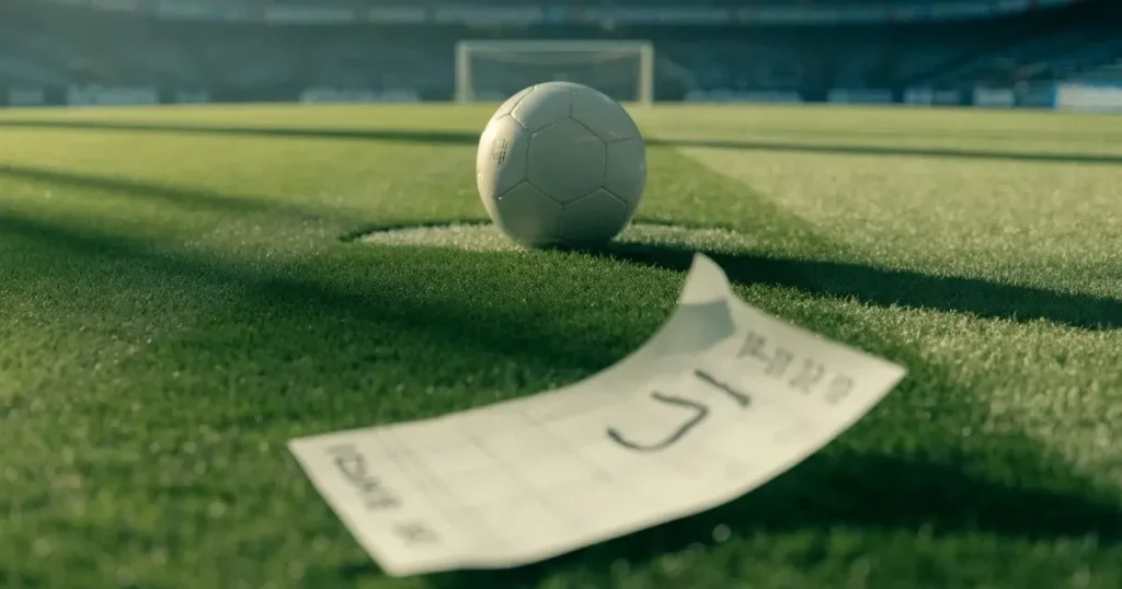 Un pallone da calcio sul dischetto del centrocampo di un prato, alla luce del mattino