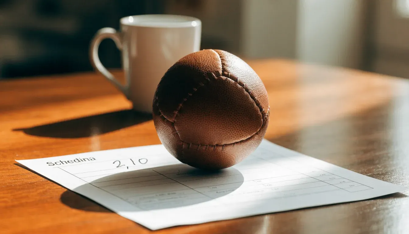 Un pallone da calcio appoggiato su una schedina bianca su un tavolo di legno, alla luce del giorno