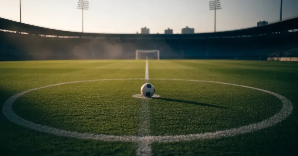 Un pallone da calcio sul dischetto del centrocampo di un prato, alla luce del mattino