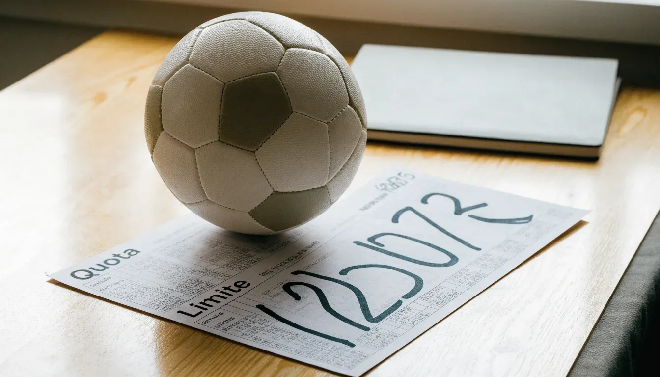 Un pallone da calcio appoggiato su una schedina bianca su un tavolo di legno, alla luce del giorno