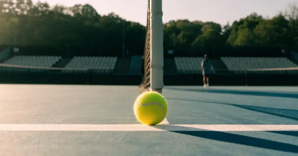 Un pallone da calcio sul dischetto del centrocampo di un prato, alla luce del mattino