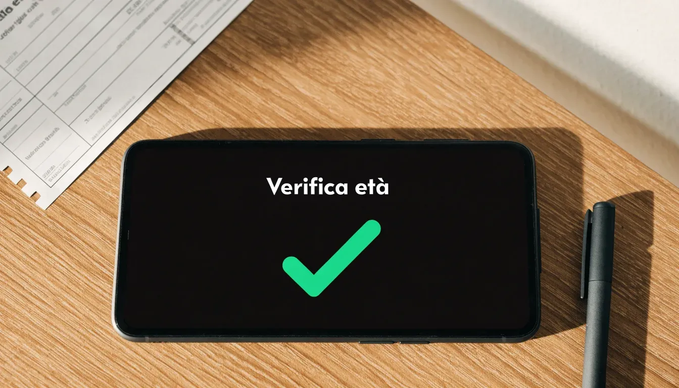Un foglio di concessione in carta con un timbro rosso, appoggiato su una scrivania di legno accanto a una penna