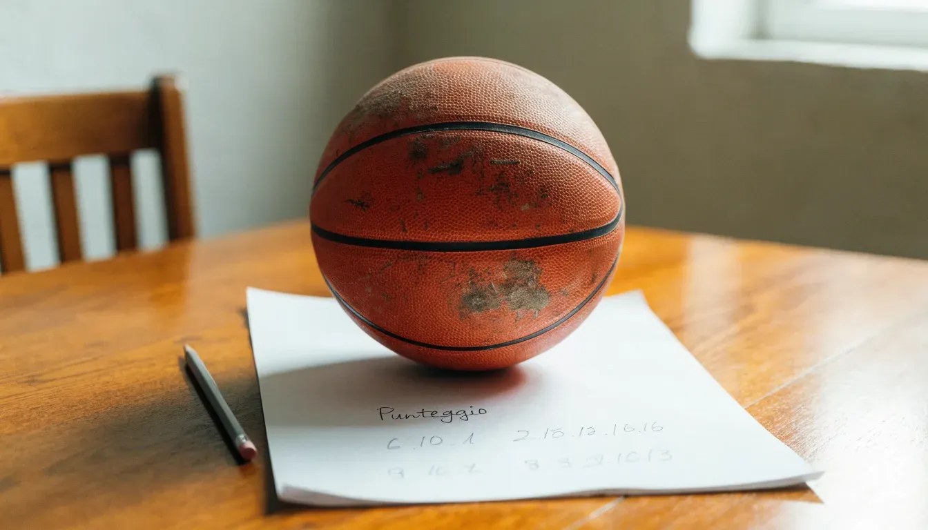 Un pallone da calcio appoggiato su una schedina bianca su un tavolo di legno, alla luce del giorno
