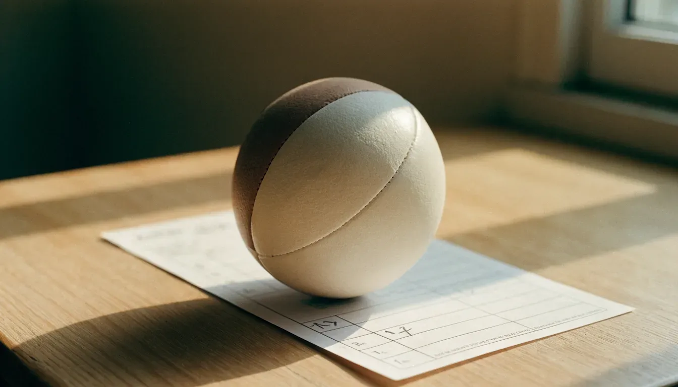 Un pallone da calcio appoggiato su una schedina bianca su un tavolo di legno, alla luce del giorno