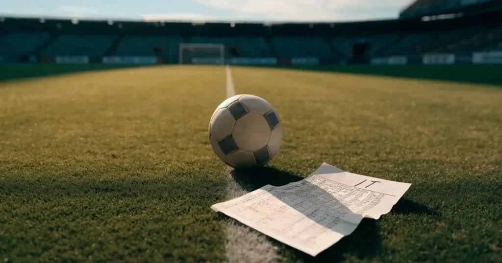 Un pallone da calcio sul dischetto del centrocampo di un prato, alla luce del mattino
