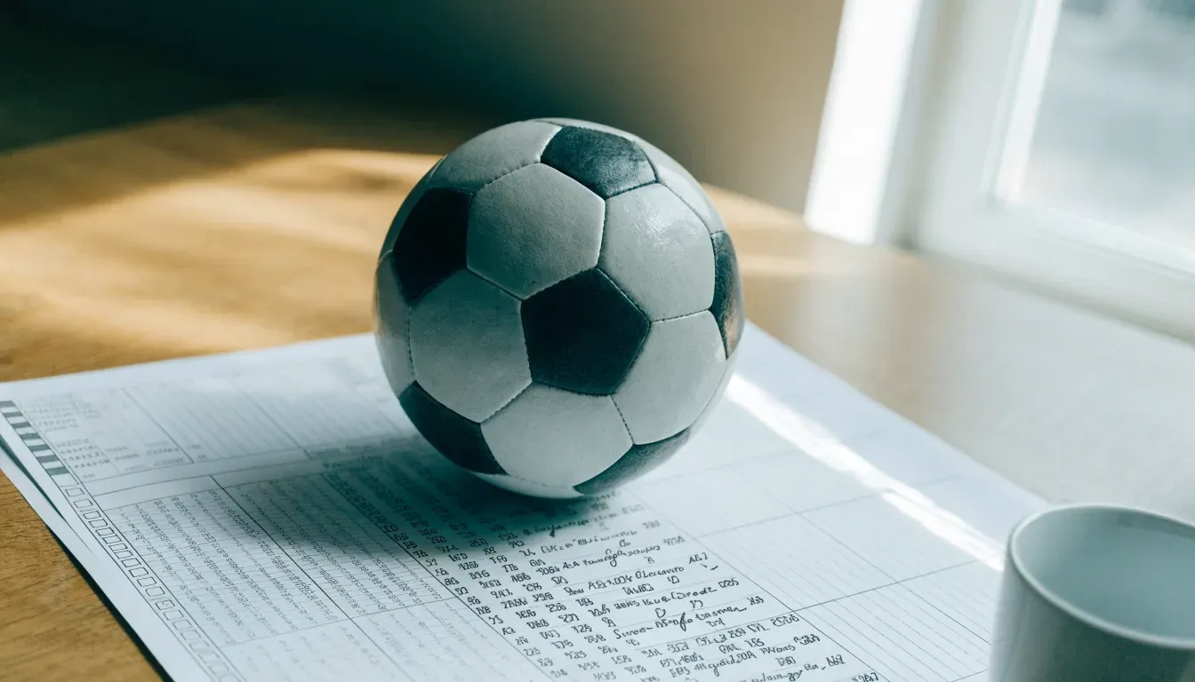 Un pallone da calcio appoggiato su una schedina bianca su un tavolo di legno, alla luce del giorno