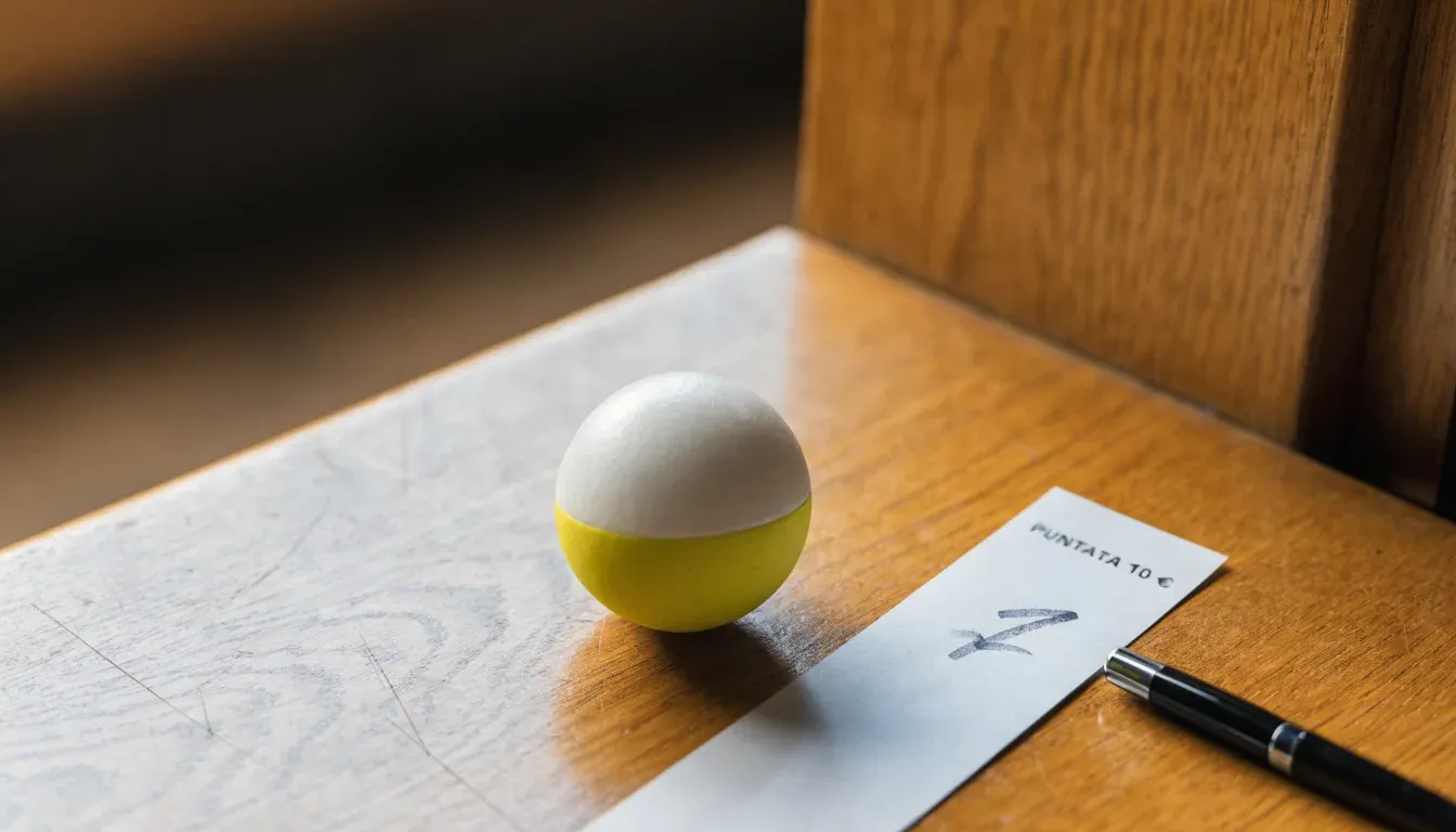 Un pallone da calcio appoggiato su una schedina bianca su un tavolo di legno, alla luce del giorno