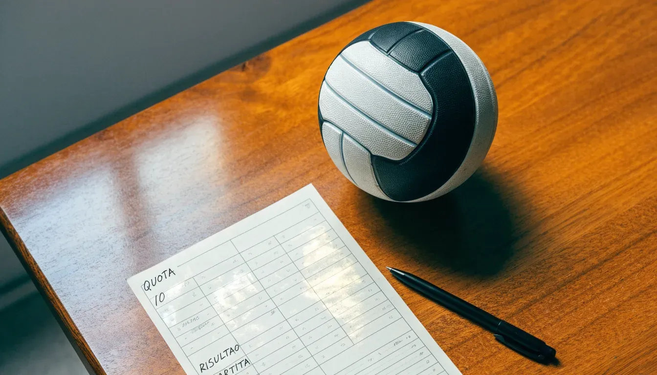 Un pallone da calcio appoggiato su una schedina bianca su un tavolo di legno, alla luce del giorno