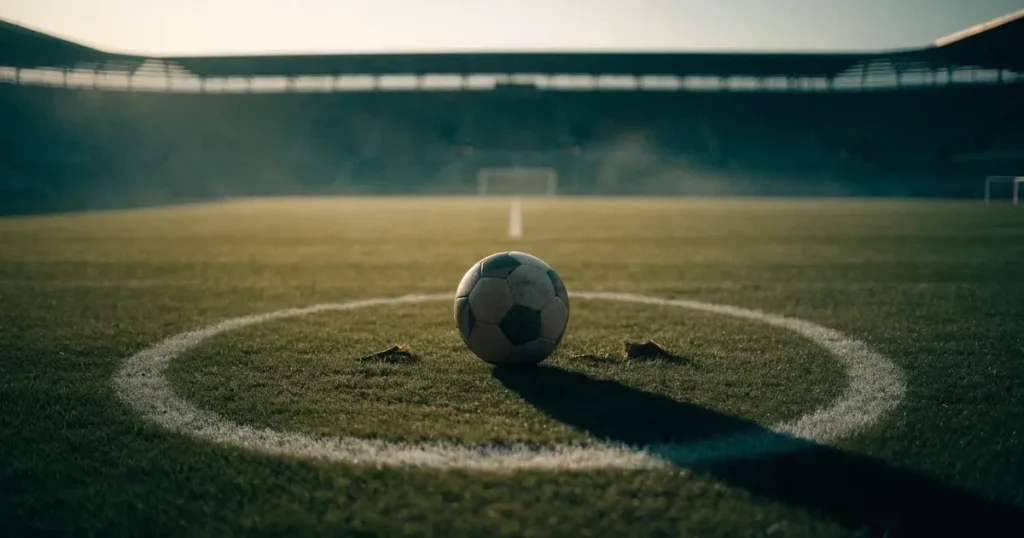 Un pallone da calcio sul dischetto del centrocampo di un prato, alla luce del mattino