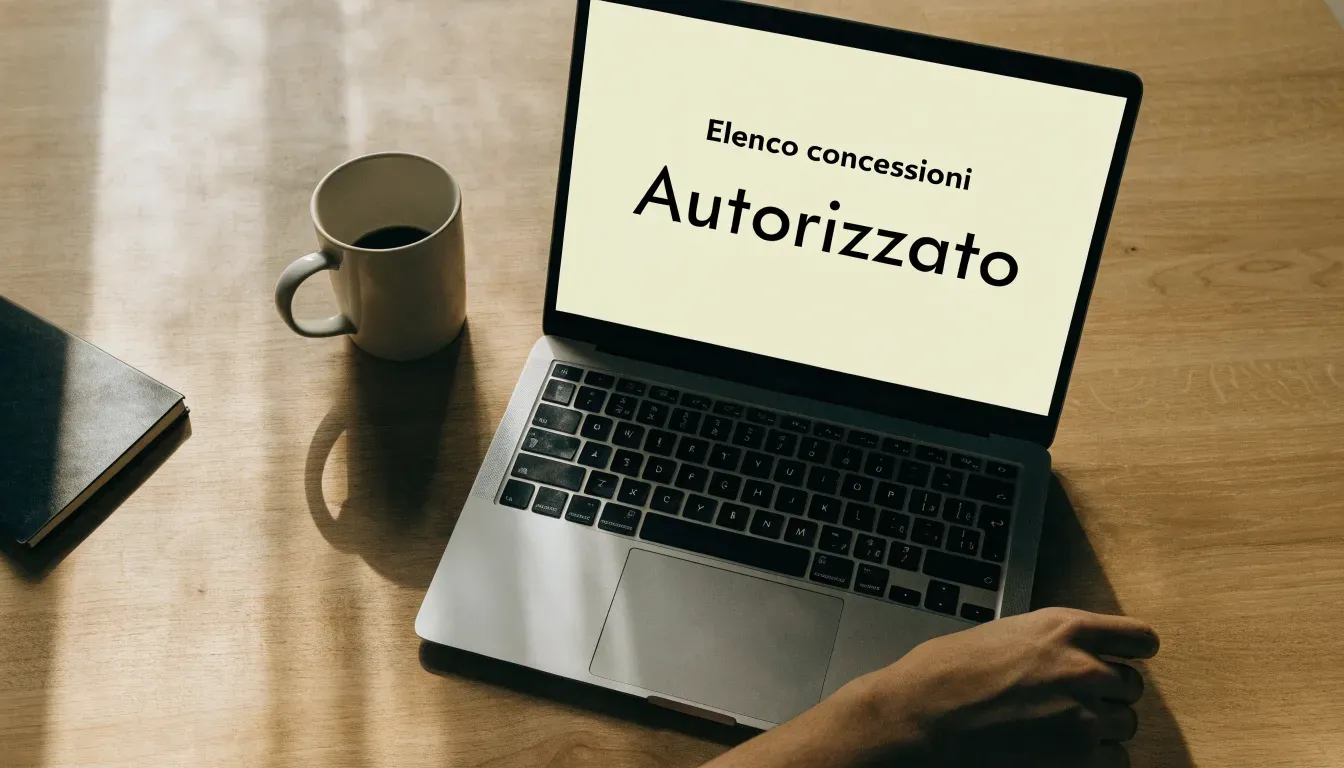 Un foglio di concessione in carta con un timbro rosso, appoggiato su una scrivania di legno accanto a una penna