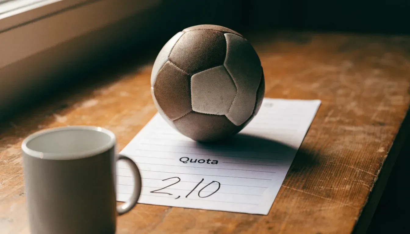 Un pallone da calcio appoggiato su una schedina bianca su un tavolo di legno, alla luce del giorno