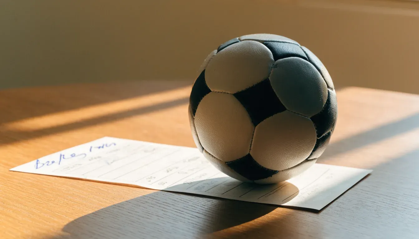 Un pallone da calcio appoggiato su una schedina bianca su un tavolo di legno, alla luce del giorno
