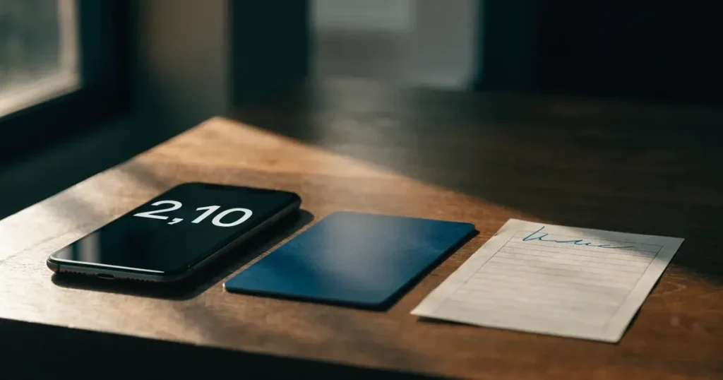 Uno smartphone e una carta di pagamento affiancati su un tavolo di legno, con alcune banconote da euro accanto