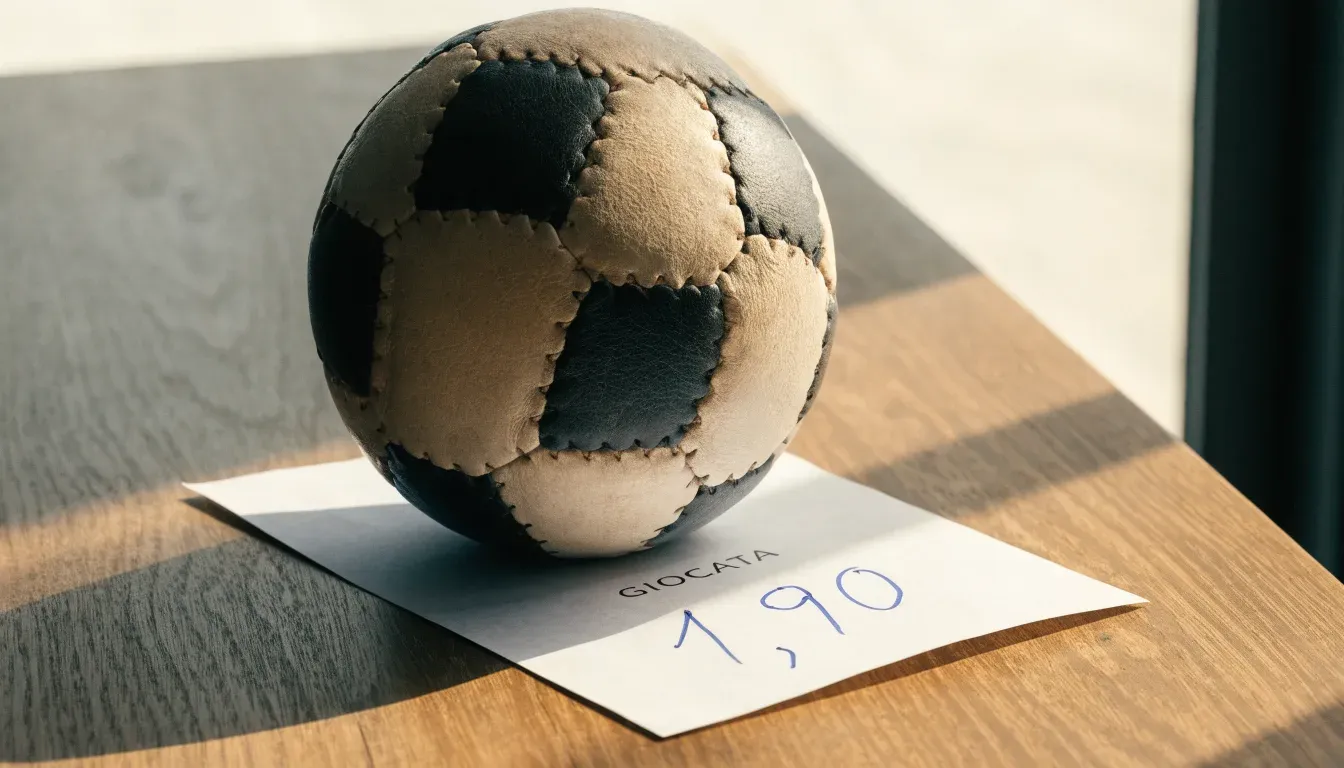 Un pallone da calcio appoggiato su una schedina bianca su un tavolo di legno, alla luce del giorno