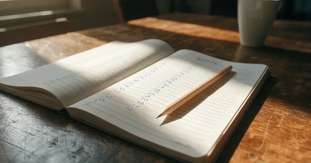 Un quaderno aperto con quote scritte a mano, una calcolatrice e una matita su un tavolo di legno