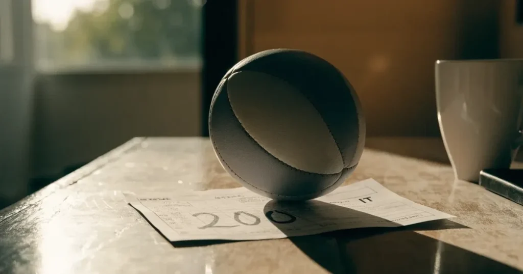 Un pallone da calcio appoggiato su una schedina bianca su un tavolo di legno, alla luce del giorno