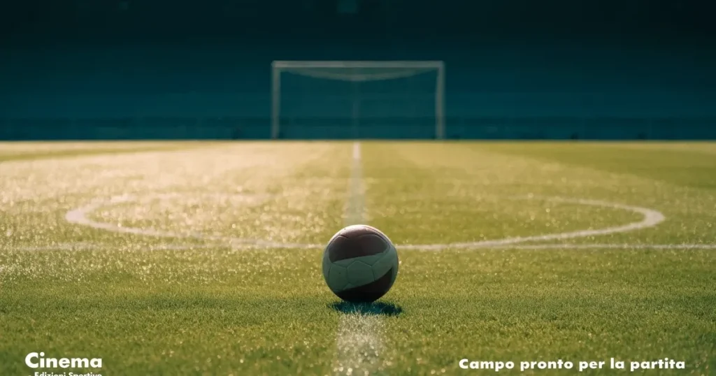 Un pallone da calcio sul dischetto del centrocampo di un prato, alla luce del mattino