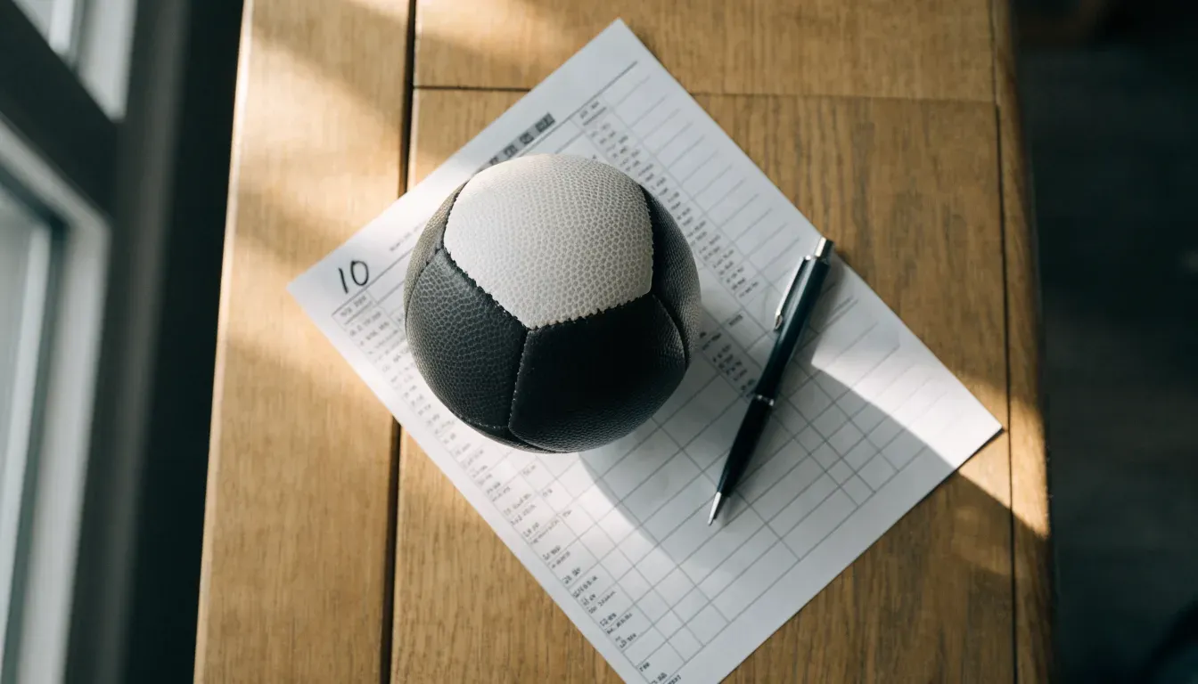 Un pallone da calcio appoggiato su una schedina bianca su un tavolo di legno, alla luce del giorno