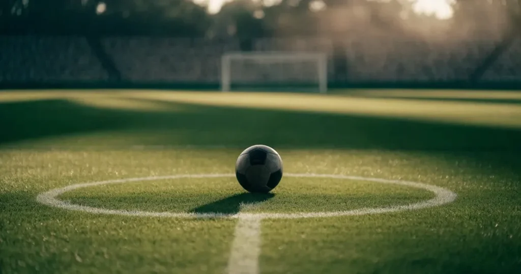 Un pallone da calcio sul dischetto del centrocampo di un prato, alla luce del mattino