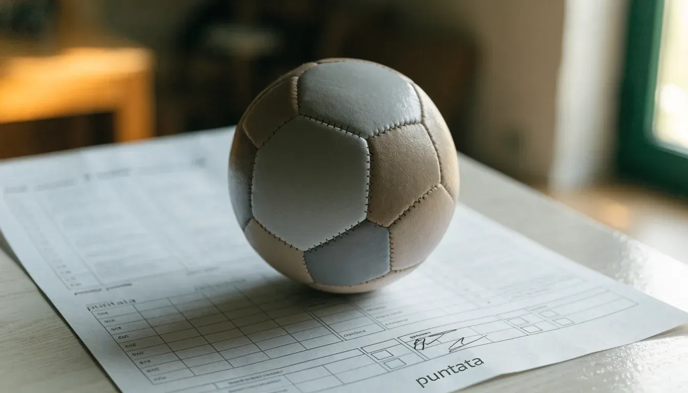 Un pallone da calcio appoggiato su una schedina bianca su un tavolo di legno, alla luce del giorno