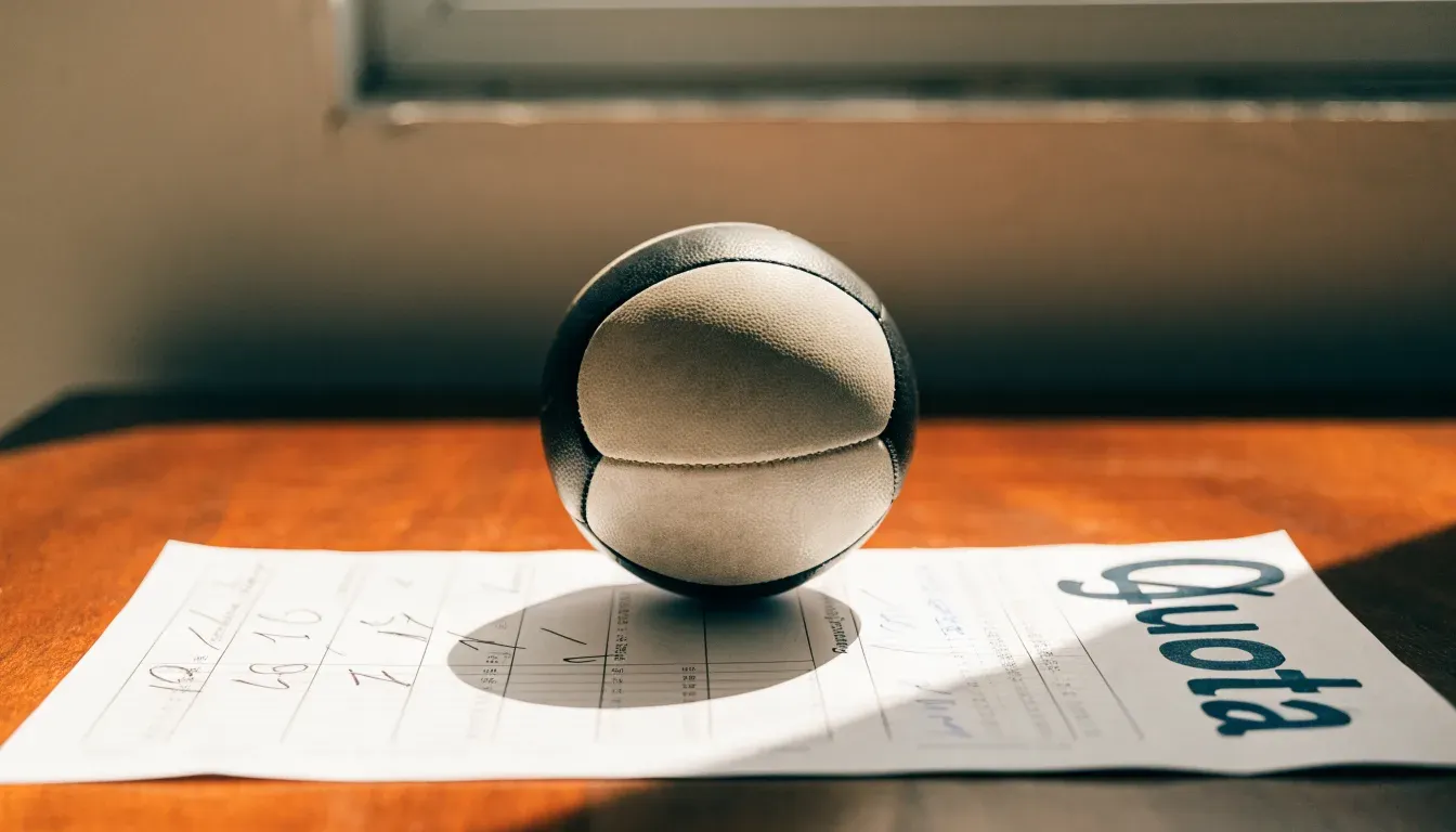Un pallone da calcio appoggiato su una schedina bianca su un tavolo di legno, alla luce del giorno